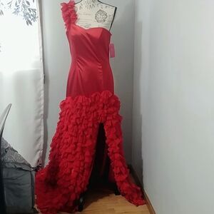 NWT Dana Mathers D1107B One Shoulder Flamenco Prom Slit Bright Red Dress 10